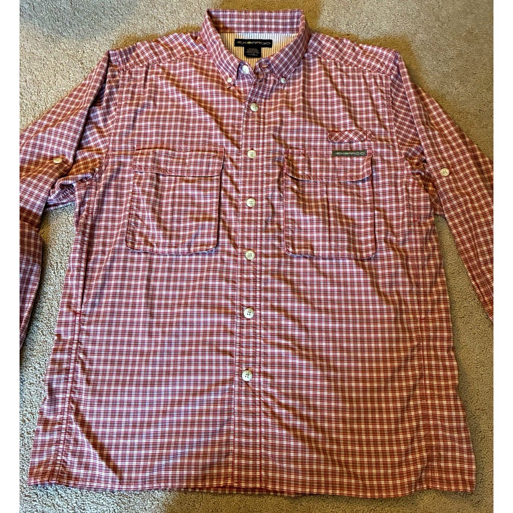ExOfficio Men's L Button-Up Shirt Red White Plaid Long Sleeve 65/35 Woven